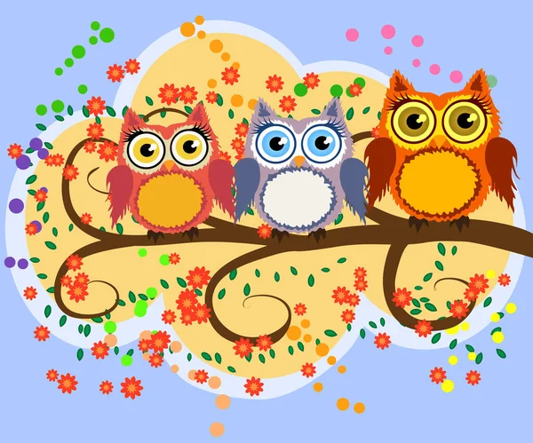 Family Bright Cartoon Cute Colorful Owls Flowering Tree Branch Parents — Stock Vector