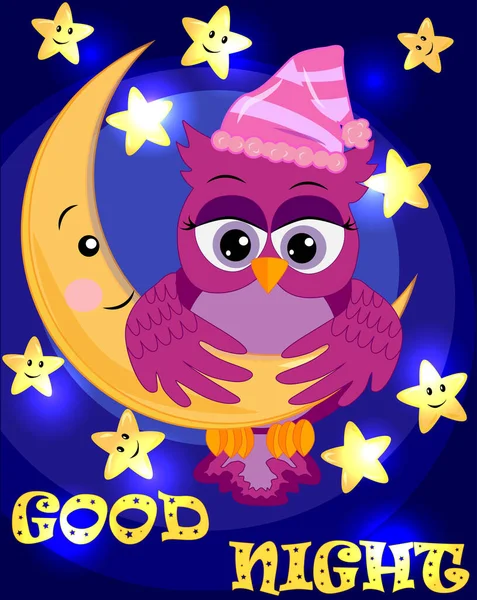 明亮的 卡通片的 美丽的粉红猫头鹰女孩 有着美丽的眼睛 在群星中保持翅膀长达一个月 题词晚安 — 图库矢量图片