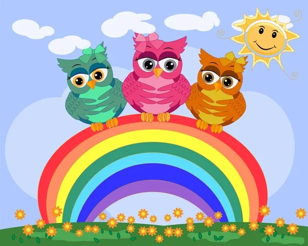 Three Bright Cartoonish Beautiful Pink Owls Bows Ear Sit Rainbow — Stock Vector