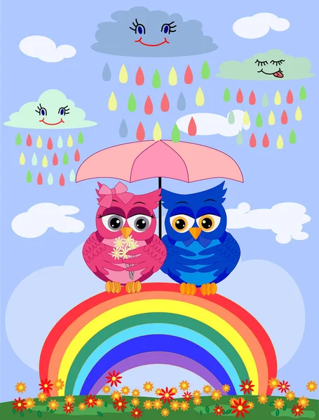 Two Bright Cartoon Beautiful Owls Pink Blue Girl Boy Beautiful — Stock Vector