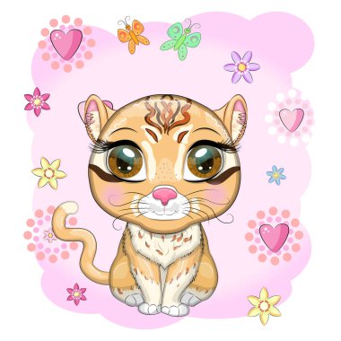 Çizgi film tarzında güzel gözleri olan Asyalı altın kedi, çocuklar için renkli çizimler. Karakteristik benekleri ve renkleri olan Asya altın kedisi