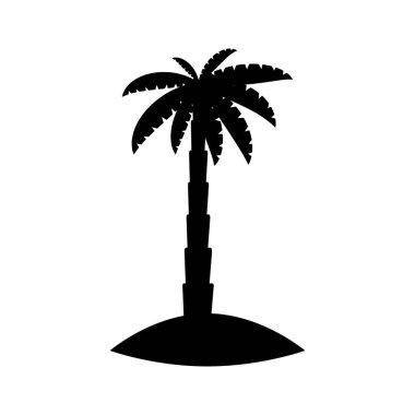 Bitkileri, palmiye ağaçları ve beyaz arka planda izole siyah siluetleri olan tropik deniz adası.