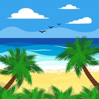 Palmiye ağaçları, deniz, okyanus, tatil ve turizm konsepti olan plaj. Yaz, tatil