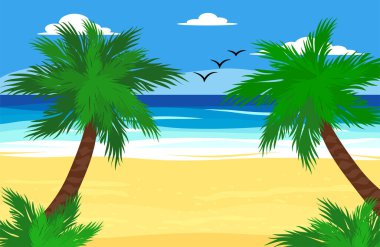 Palmiye ağaçları, deniz, okyanus, tatil ve turizm konsepti olan plaj. Yaz, tatil