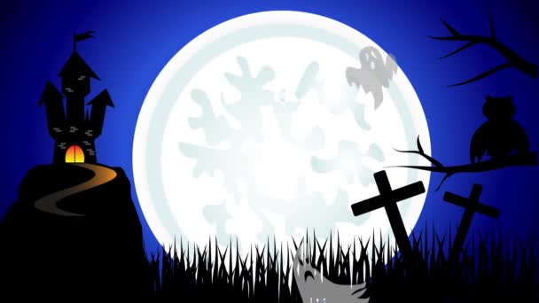 Gruseliger dunkler Hintergrund zu Halloween. Hexe fliegt über den Mond und Geisterhaus mit Geistern — Stockvideo