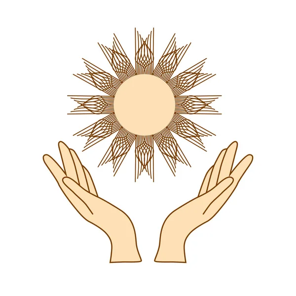 Mistyczny Rysunek Ludzkie Dłonie Trzymają Słońce Krąg Fazy Księżyca Święta — Wektor stockowy
