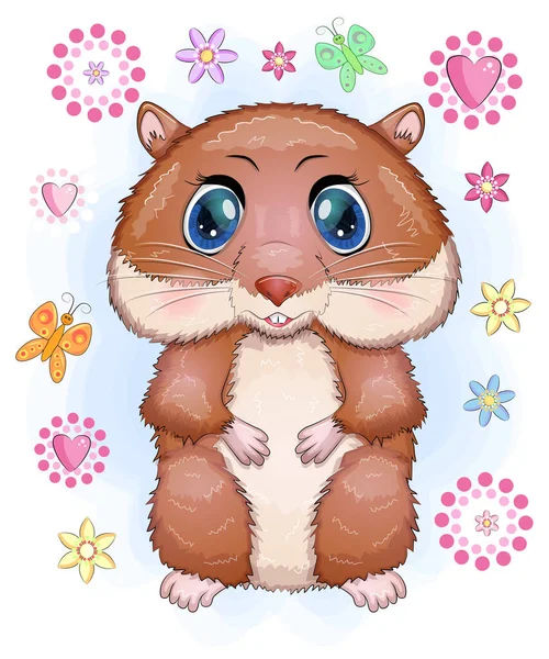 可爱的卡通人物仓鼠 鲜花中有趣的动物 — 图库矢量图片
