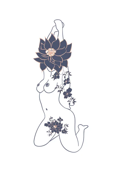 Silhuett Kvinna Kvinnlig Kropp Kropp Positiv Kosmetiska Koncept Med Blommor — Stock vektor