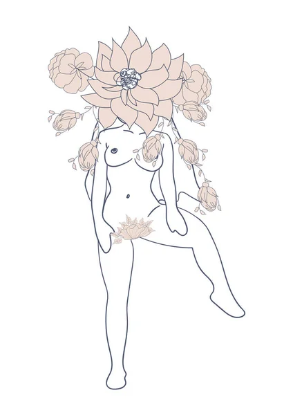 女性のシルエット 女性の体 ボディポジティブ 花と化粧品のコンセプト トレンディーなベージュ テンプレート — ストックベクタ