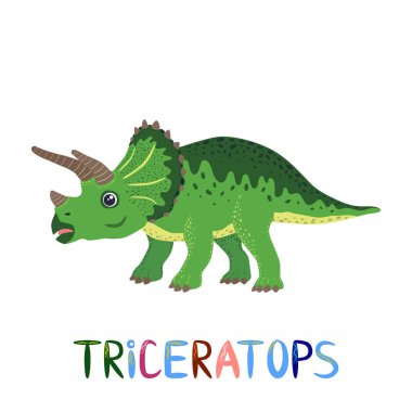 Triceratops yeşili, tarih öncesi dinozor koleksiyonu. Eski hayvanlar. El çizimi