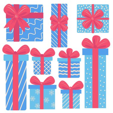 Hediye kutuları, hediye kutuları. El çizimi karalama koleksiyonu. Alış veriş konsepti. Doğum günü partisi noeli. Çizgi film ögeleri, düz tasarım çizimi.