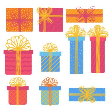 Hediye kutuları, hediye kutuları. El çizimi karalama koleksiyonu. Alış veriş konsepti. Doğum günü partisi noeli. Çizgi film ögeleri, düz tasarım çizimi.