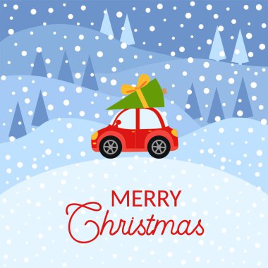 Üstünde Noel ağacı olan küçük kırmızı bir klasik araba olan bir kış kartı. Köknar ağaçları ve evleri olan karlı bir manzara..