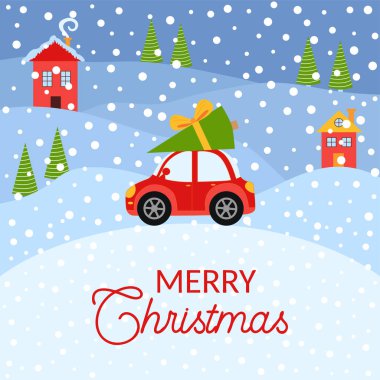 Üstünde Noel ağacı olan küçük kırmızı bir klasik araba olan bir kış kartı. Köknar ağaçları ve evleri olan karlı bir manzara..