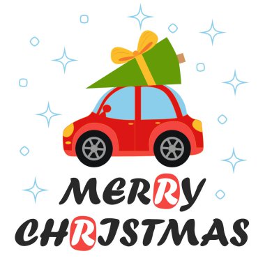 Çatıda Noel ağacı olan kırmızı retro arabanın olduğu tebrik kartı. Mutlu Noeller ve mutlu yeni yıl çizimleri.