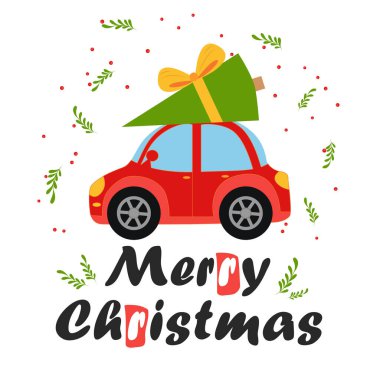 Çatıda Noel ağacı olan kırmızı retro arabanın olduğu tebrik kartı. Mutlu Noeller ve mutlu yeni yıl çizimleri.
