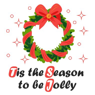 Mutlu Noeller ve mutlu yıllar Noel çelenkli tebrik kartı.