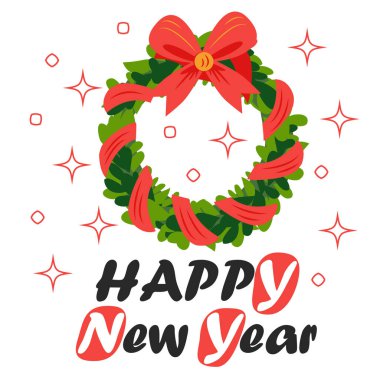 Mutlu Noeller ve mutlu yıllar Noel çelenkli tebrik kartı.