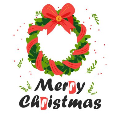 Mutlu Noeller ve mutlu yıllar Noel çelenkli tebrik kartı.