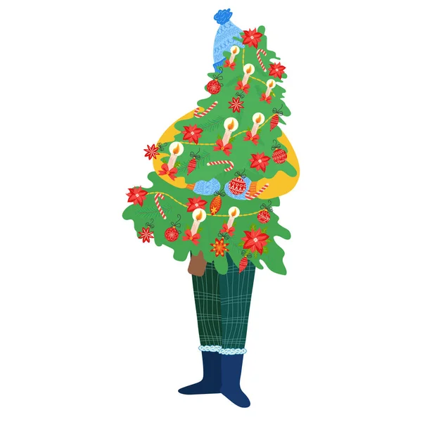Hombre Feliz Abrazándose Llevando Árbol Navidad Concepto Preparación Para Vacaciones — Archivo Imágenes Vectoriales