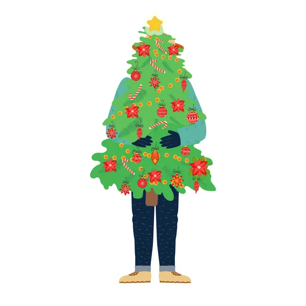 Hombre Feliz Abrazándose Llevando Árbol Navidad Concepto Preparación Para Vacaciones — Archivo Imágenes Vectoriales