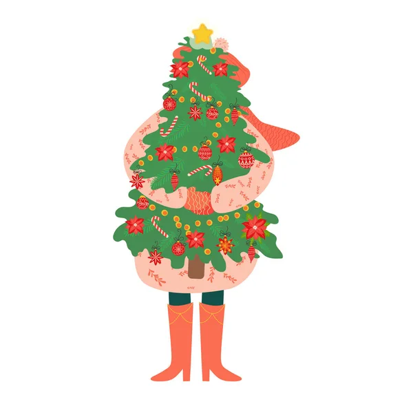 Happy Man Girl Hugging Carrying Christmas Tree Holiday Preparation Concept — Stock Vector