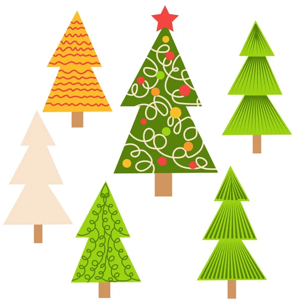 一系列的圣诞节树 手绘冷杉 圣诞装饰品 星星和雪花 印有圣诞标志的假日海报 — 图库矢量图片