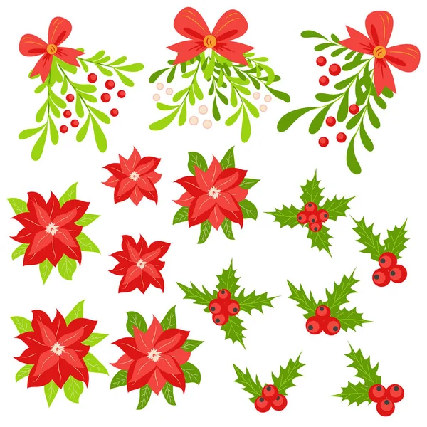 Conjunto Baya Acebo Rama Muérdago Con Bayas Lazo Rojo Poinsettia — Vector de stock