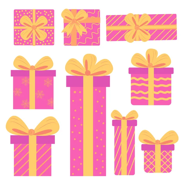 Hediye kutuları, hediye kutuları. El çizimi karalama koleksiyonu. Alış veriş konsepti. Doğum günü partisi noeli. Çizgi film ögeleri, düz tasarım çizimi.