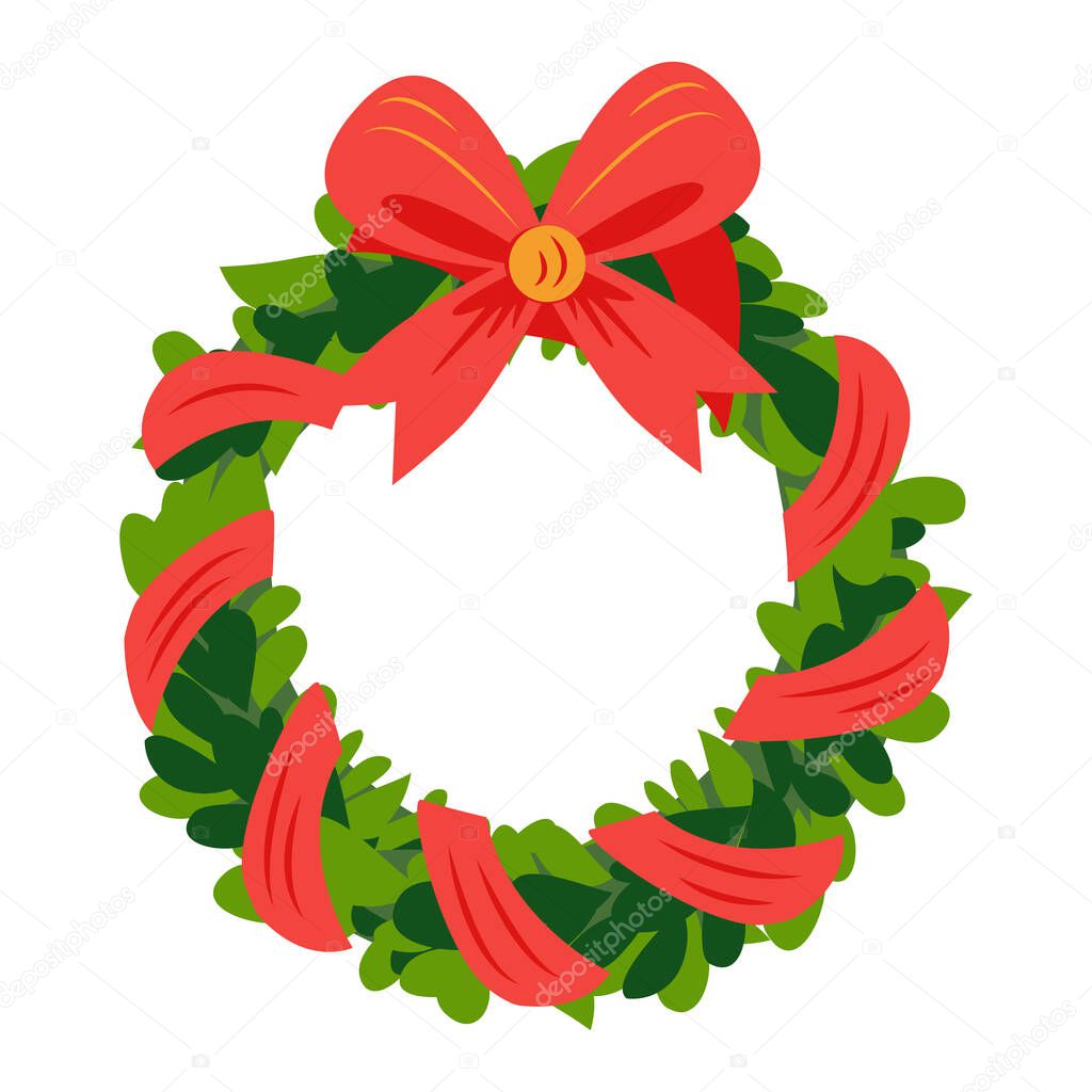 Christmas Wreath with ribbons, balls and bow. Christmas wreath of holly with red berries. New Year holiday celebration in December