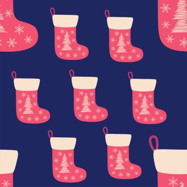 Noel desensiz, kırmızı Noel çoraplı, el çizimi Noel ağacı.