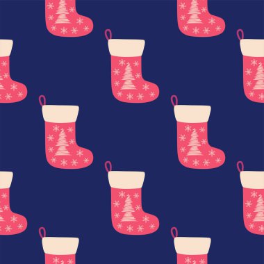 Noel desensiz, kırmızı Noel çoraplı, el çizimi Noel ağacı.