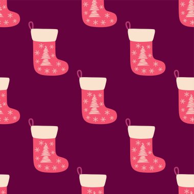 Noel desensiz, kırmızı Noel çoraplı, el çizimi Noel ağacı.