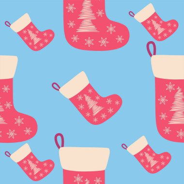 Noel desensiz, kırmızı Noel çoraplı, el çizimi Noel ağacı.