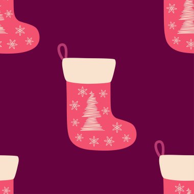 Noel desensiz, kırmızı Noel çoraplı, el çizimi Noel ağacı.