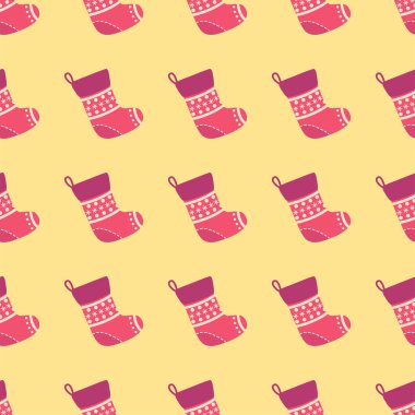 Noel çoraplarıyla kusursuz bir desen. Mutlu Noeller ve Mutlu Yıllar baskı tasarımı için illüstrasyon