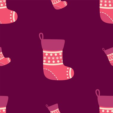 Noel çoraplarıyla kusursuz bir desen. Mutlu Noeller ve Mutlu Yıllar baskı tasarımı için illüstrasyon