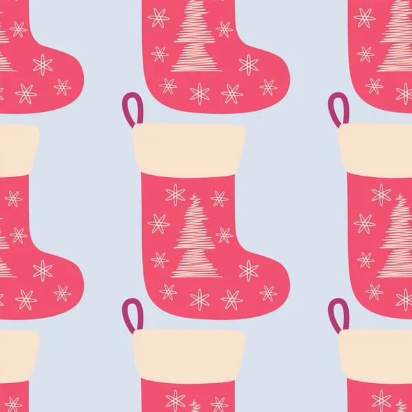 Christmas Seamless Pattern Red Christmas Socks Hand Drawn Christmas Tree — Stock Vector