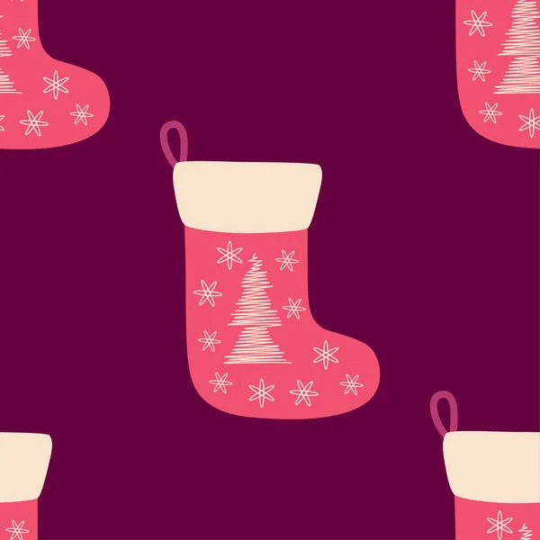 Weihnachten Nahtloses Muster Mit Roten Weihnachtssocken Mit Handgezogenem Weihnachtsbaum — Stockvektor