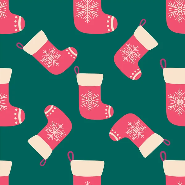 Calcetines Rojos Navidad Garabatear Patrón Sin Costuras Feliz Navidad Feliz — Vector de stock