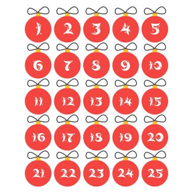 Kırmızı toplu Noel Advent takvimi. Şirin kış posteri, noel kartı, afiş, çıkartma