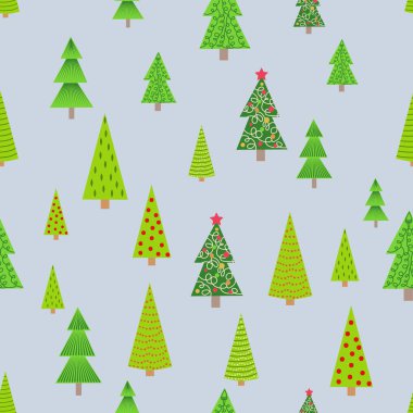 Noel ağaçlarının farklı boyutlarda ve ormanlarda kusursuz desenleri var. Noel ambalaj kağıdı.