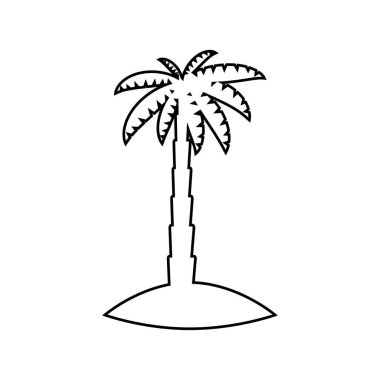 Bitkileri, palmiye ağaçları ve beyaz arka planda izole siyah siluetleri olan tropik deniz adası.
