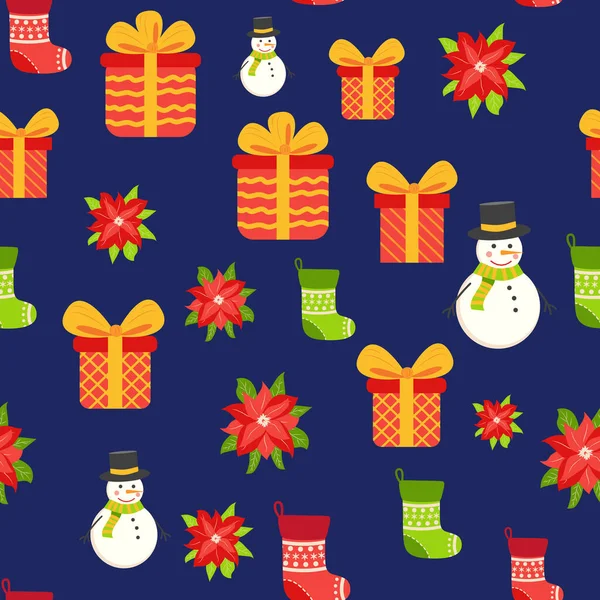 无缝隙图案与可爱的卡通圣诞雪人 一品红 冬青浆果和红色 绿色长袜 圣诞包装 — 图库矢量图片