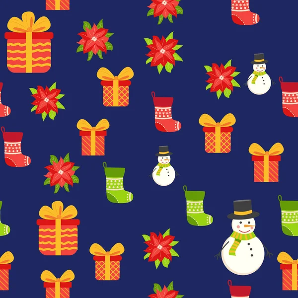 Nahtloses Muster Mit Niedlichem Cartoon Weihnachtsschneemann Geschenken Weihnachtsstern Stechpalmen Und — Stockvektor