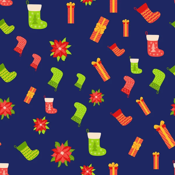Nahtloses Muster Mit Weihnachtsgeschenken Weihnachtsstern Und Rotem Grünen Strumpf Weihnachtsverpackungen — Stockvektor