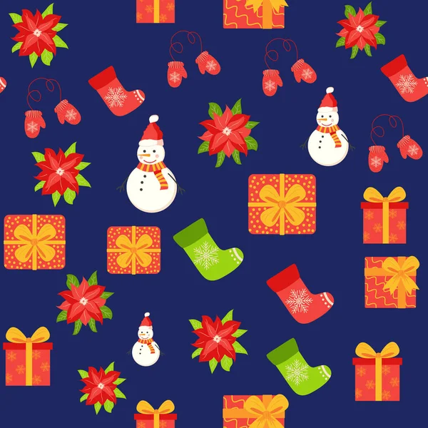 Seamless Pattern Cute Cartoon Christmas Snowman Gifts Poinsettia Mittens Red — Stock Vector
