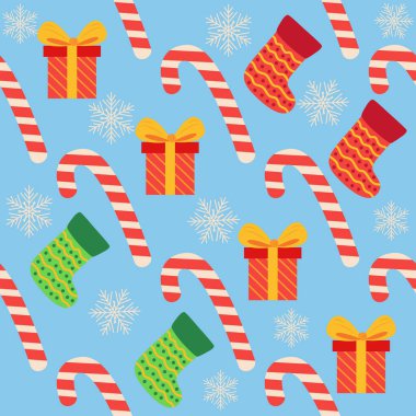 Noel deseni, şeker kamışı, hediye, çorap. Noel ambalaj kağıdı.