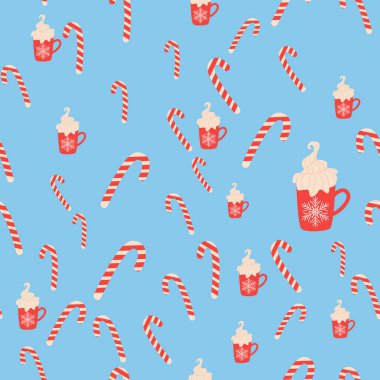 Noel 'de lolipop kamışı ve bir fincan kakaolu kusursuz desen. Kış tatili, yemek pişirme, yeni yıl arifesi..