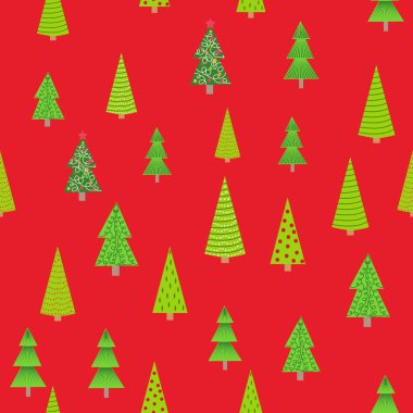 Noel ağaçlarının farklı boyutlarda ve ormanlarda kusursuz desenleri var. Noel ambalaj kağıdı.